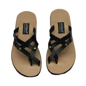 Male Black Cross Strap Toe Post Sandals With Nude sole