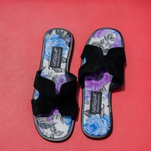 Female Black H-Shape Printed slide slippers
