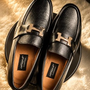 Luxury Black Leather H-Buckle Loafers For Men