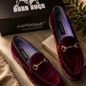 Men's Premium Burgundy Velvet Loafers With Gold Horsebit Buckle Design