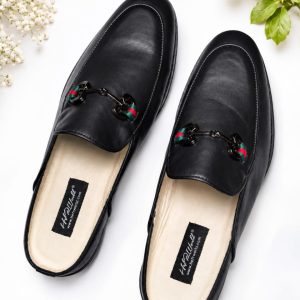 Men's Black Leather Half Shoes with Black Buckle Design