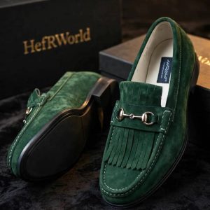 Men's Forest Green Suede Horsebit Tassel Loafers