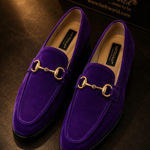 Men's Royal Purple Suede Horsebit Loafers – Gold & Silver Buckle design